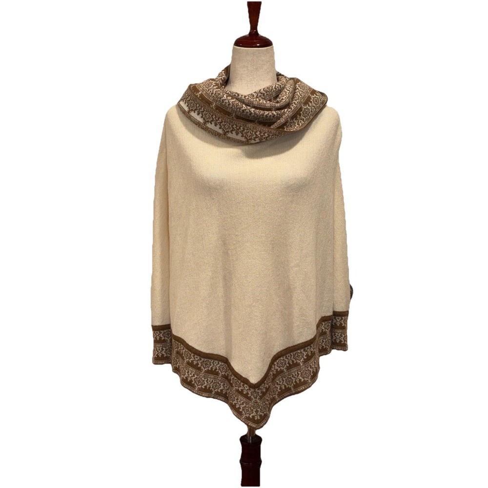 Novica Baby Alpaca Cowl Neck Poncho‎ Made In Peru Women OS Cream Brown EUC